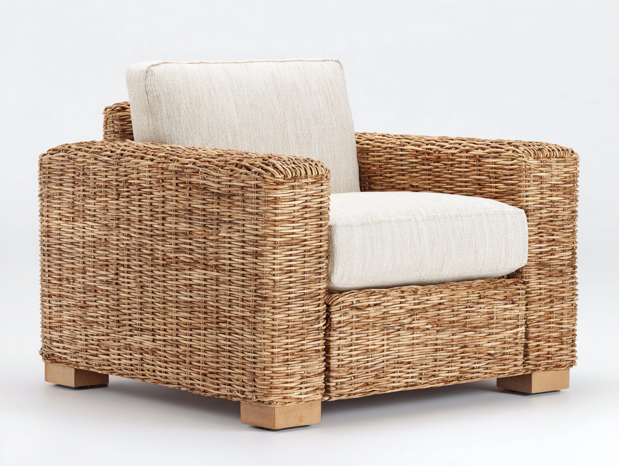 Poltrona da giardino - fibra naturale-tessuto-legno - 97x87x81 cm - beige-naturale - stile mediterraneo