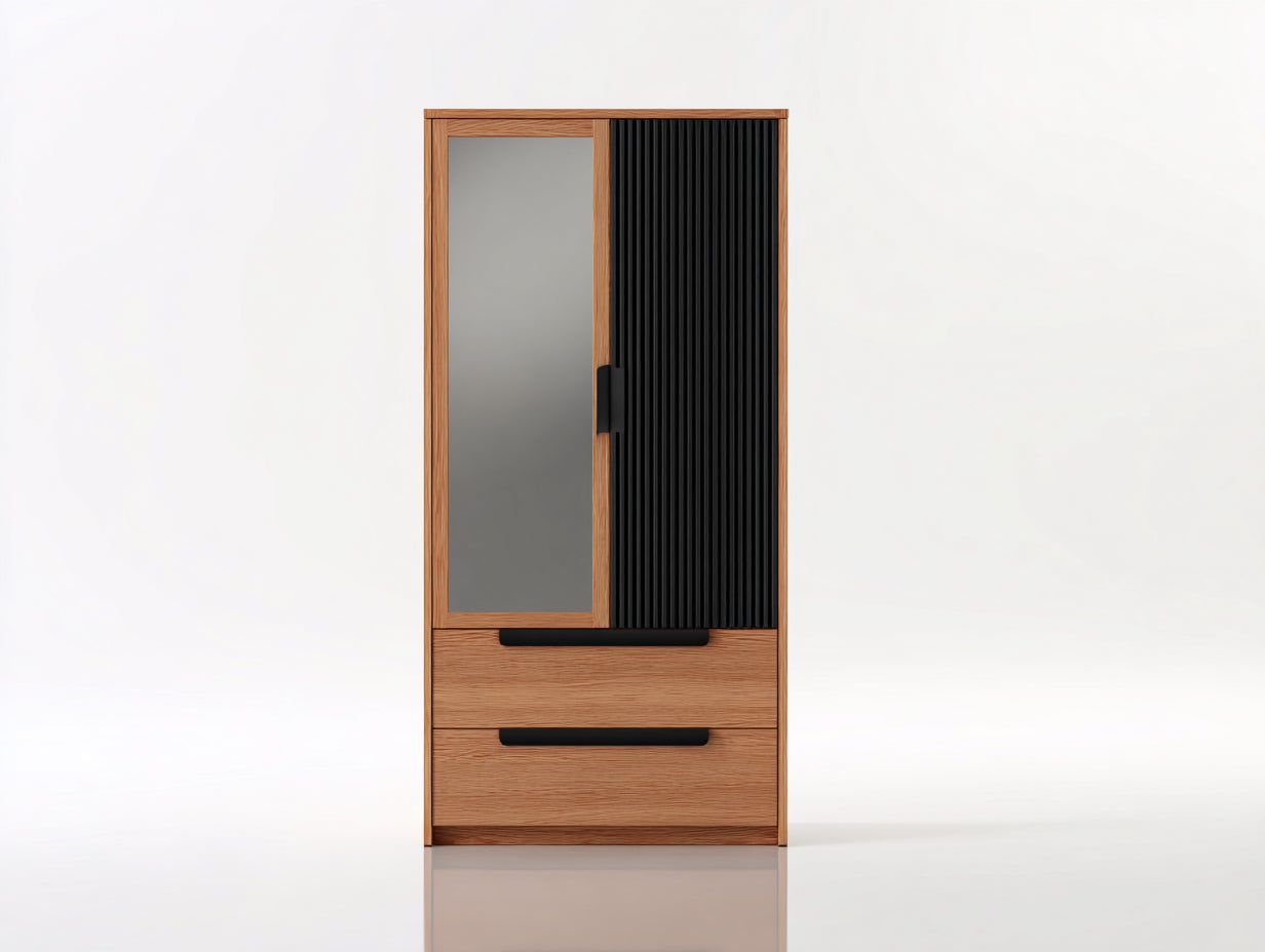 Armadio-derivato del legno-vetro-80x45x180 cm-rovere naturale-nero-industriale