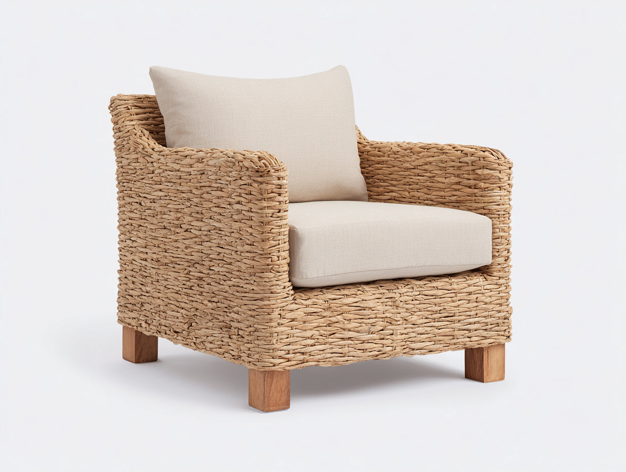 Poltrona da giardino - fibra naturale-tessuto-legno - 94x86x80 cm - beige-naturale - stile mediterraneo