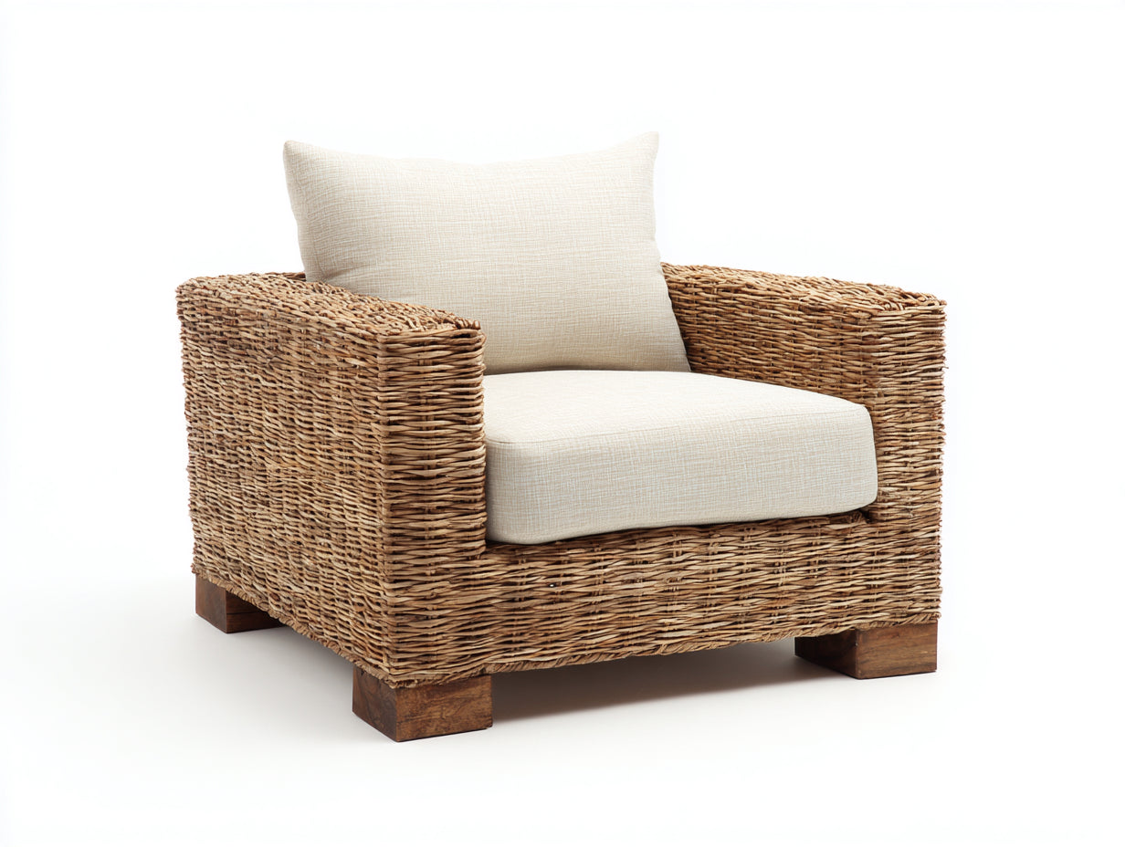 Poltrona da giardino - fibra naturale-tessuto-legno - 100x89x80 cm - beige-naturale - stile mediterraneo