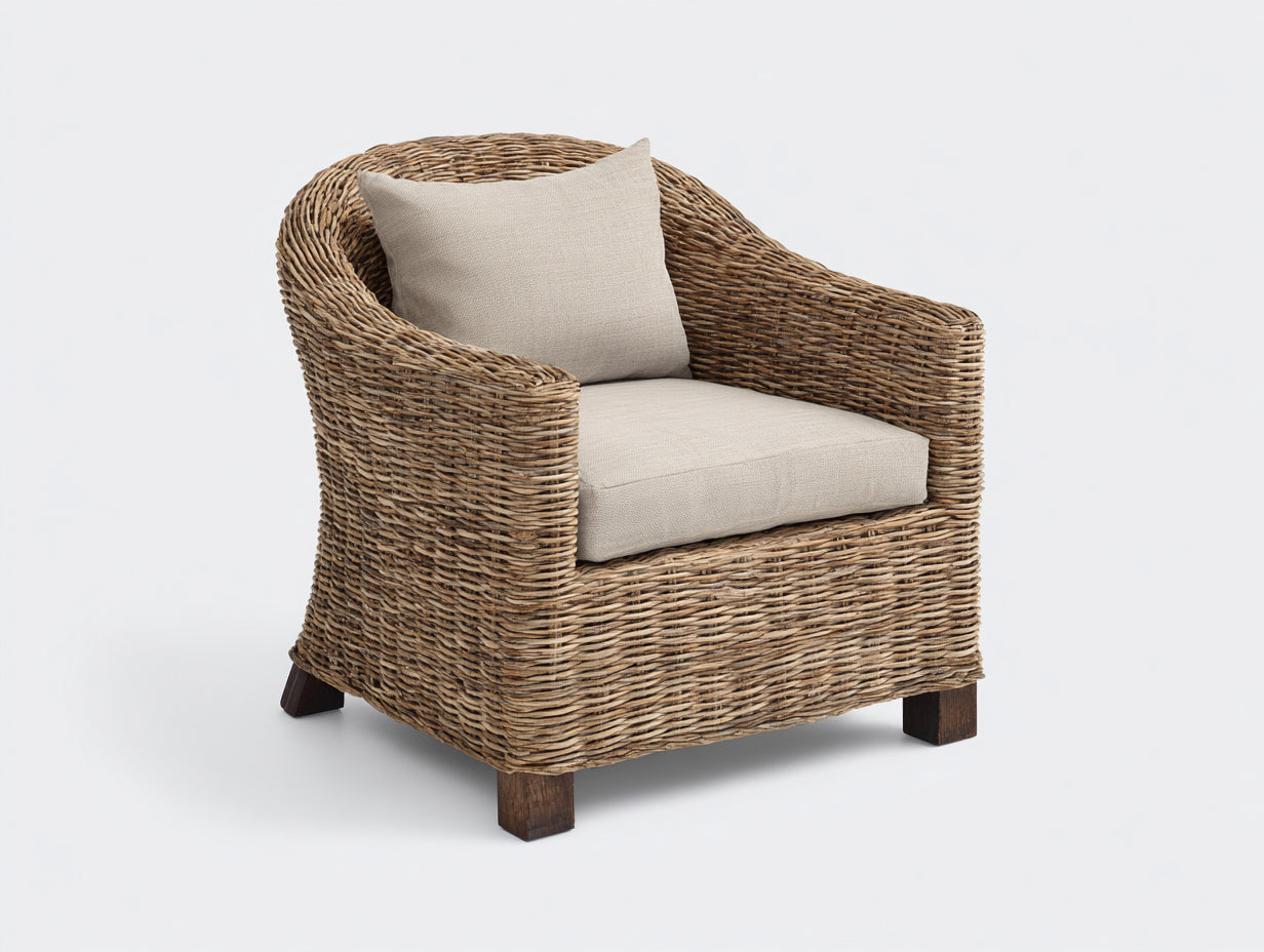 Poltrona da giardino - fibra naturale-tessuto-legno - 91x83x81 cm - beige-naturale - stile mediterraneo