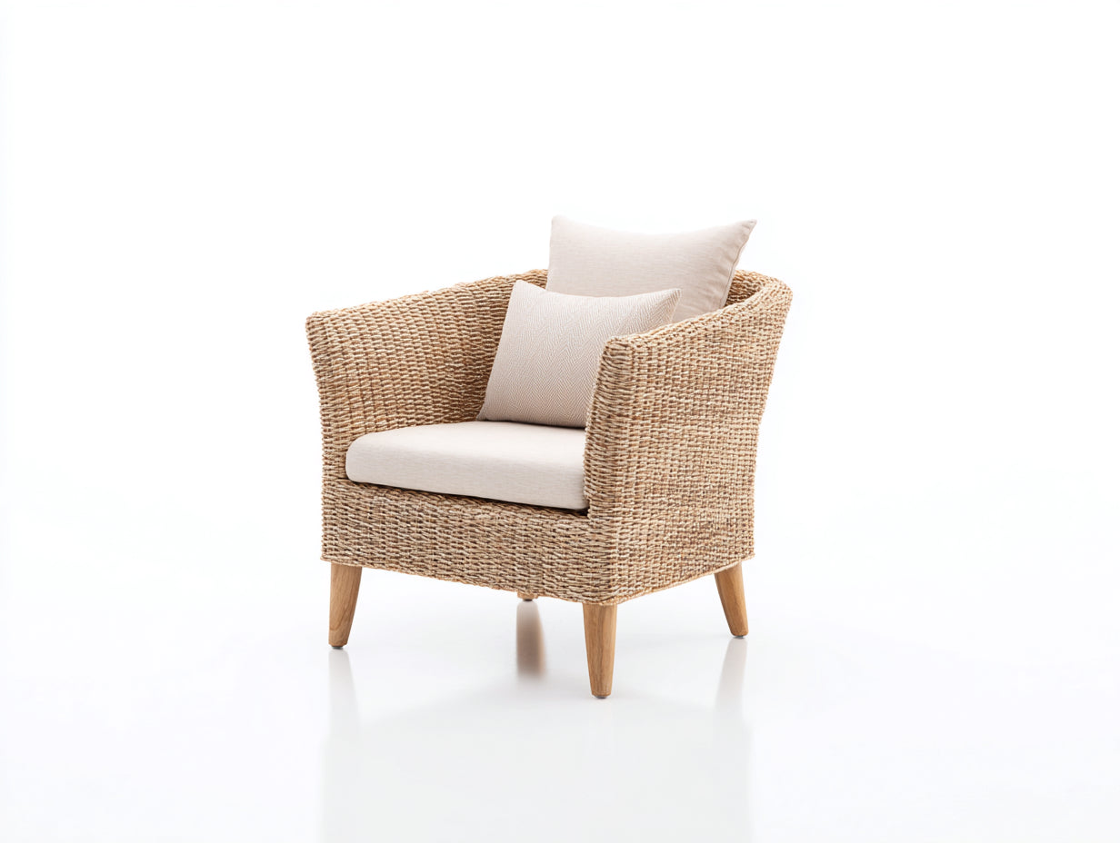 Poltrona da giardino - fibra naturale-tessuto-legno - 82x74x83 cm - beige-naturale - stile mediterraneo